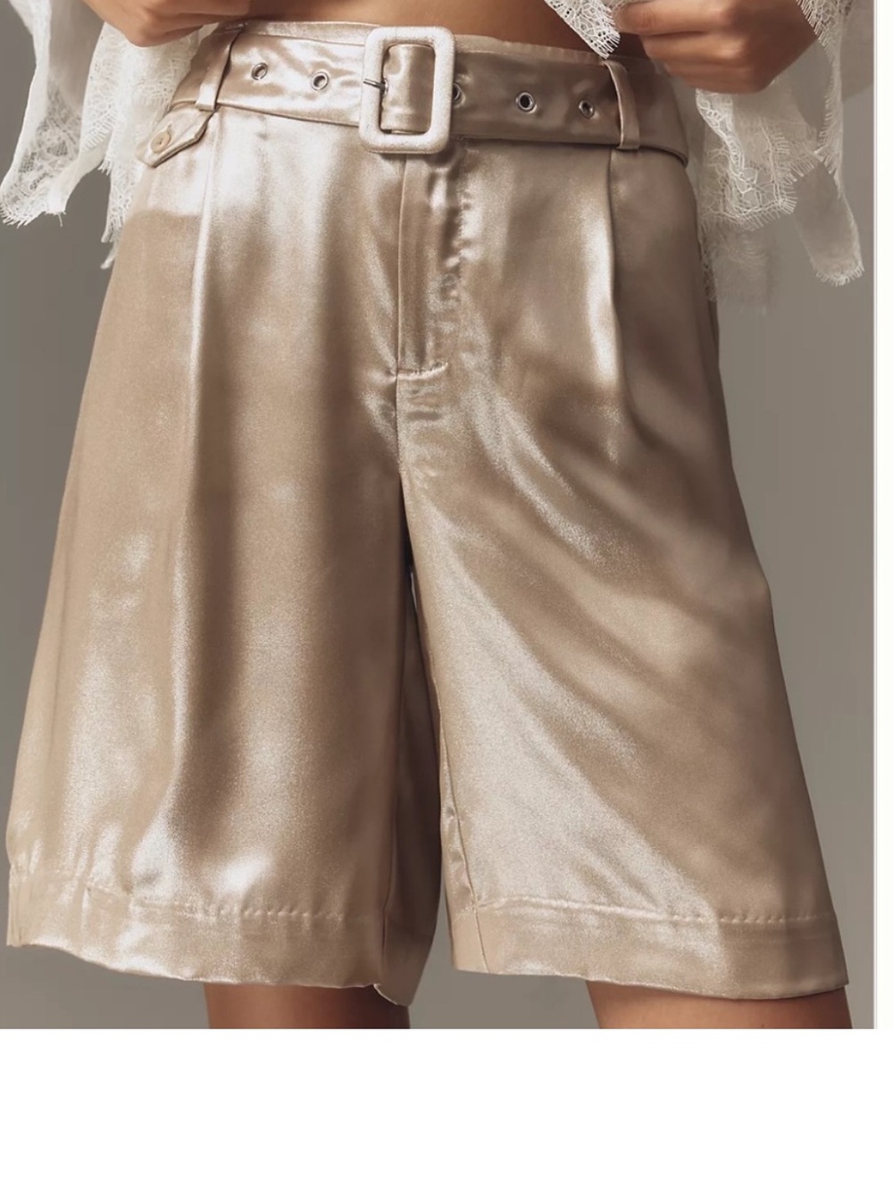 Anthropologie 6 Shorts Liquid Shine Bermuda Ivory Metallic Foil belt pockets NWT